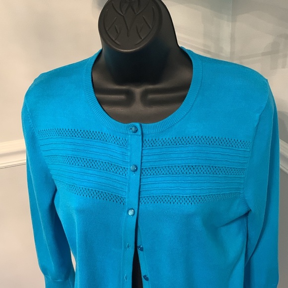 Cable & Gauge Perforated Turquoise Cardigan Size L - Picture 3 of 6